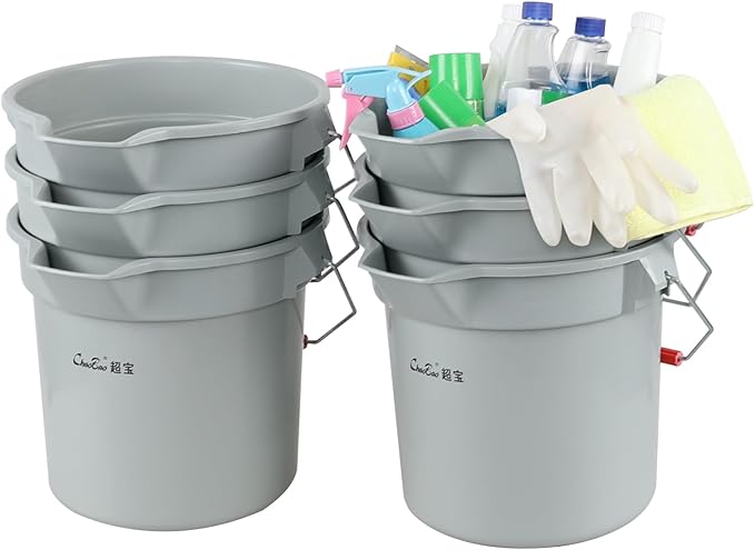 14 Quart Round Utility Bucket with Handle, Round Plastic Bucket for Cleaning, Gray, 6 Packs