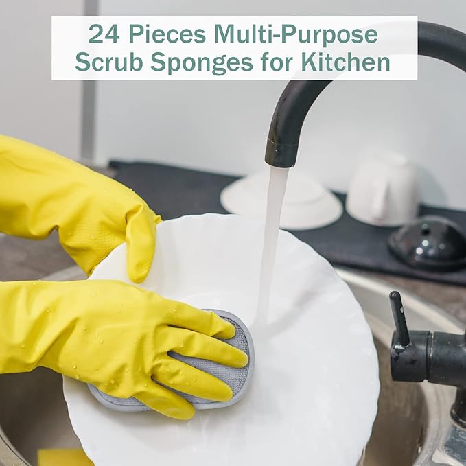 24 Pack Multi Purpose Scrub Sponges Non Scratch Microfiber Sponge Cleaning Dish Scrubber Reusable Dish Sponges for Washing Dishes Along with Heavy Duty Scouring Power (Gray)
