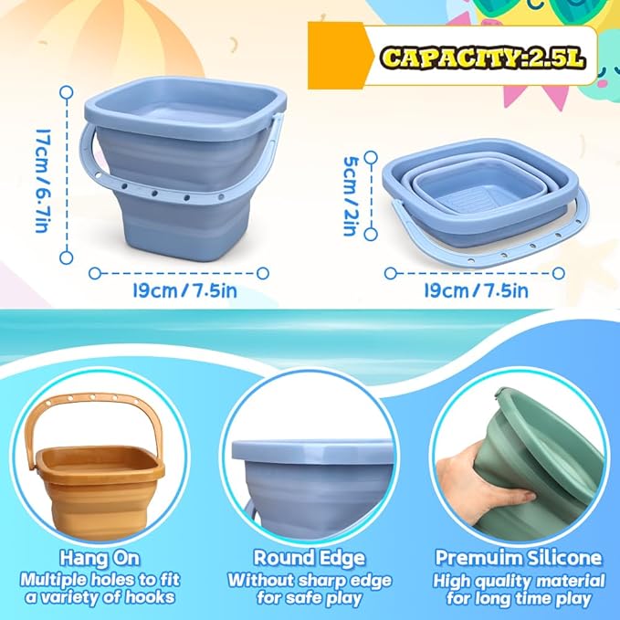 Dilabnba 3-Pack Collapsible Beach Buckets with Mesh Bag, Silicone Sand Water Pails for Kids, Easter Buckets, Portable Beach Toys for Travel, Camping, Fishing, Summer Fun