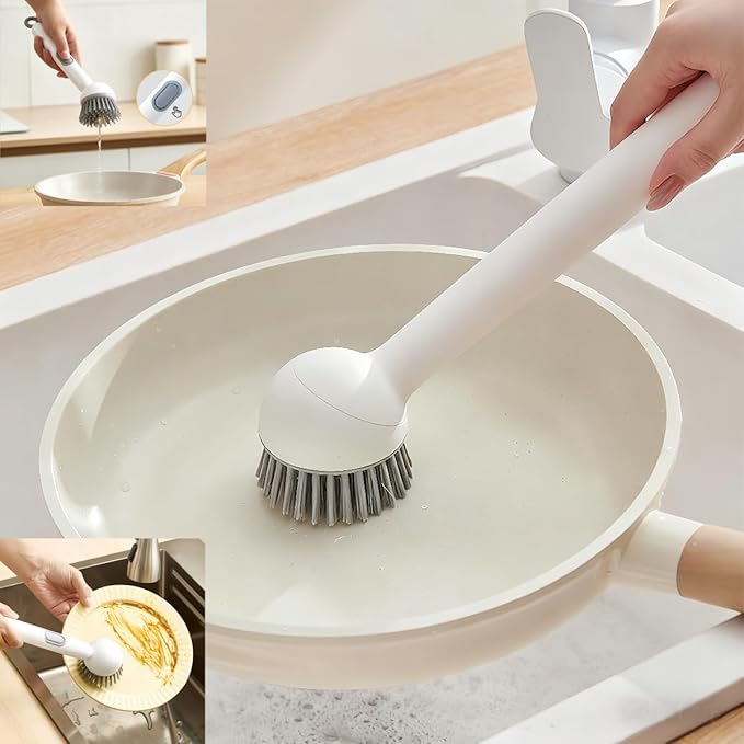 Adjustable Dish Brush with Soap Dispenser, Non-Scratch PET Bristles, Ergonomic Handle, Kitchen Cleaning Tool for Pots, Pans & Sink (Grey, Long-1 Piece)