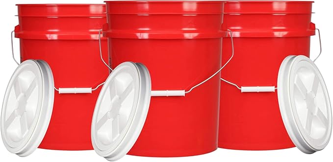 House Naturals 5 Gallon Food Grade BPA Free Made in USA Red Bucket Pail with White Air Tight Screw On Lid (Pack of 3)