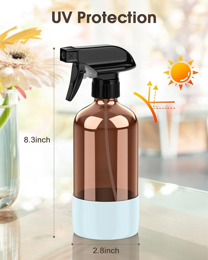 Glass Spray Bottle with Silicone Sleeve Protection, Amber Glass Spray Bottle Set for Window Cleaner Aromatherapy Facial Hydration Watering Flowers Hair Care 2 Pack/16 oz (Black & Blue, 16 oz)