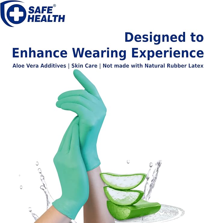 Safe Health Aloegenii HD Green Vinyl Disposable Gloves, Aloe Vera Coated, 5.5 mil, Case of 1000, Large, Latex Free, Powder Free, Cleaning, Food Service, Office, Janitorial