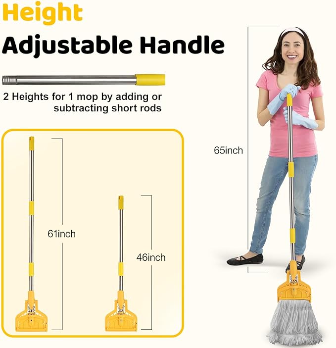 61 inch Mop Handle, Commercial Industrial Heavy Duty String Mop Floor Cleaner, Wet Mop with Long Adjustable Stainless Handle for Home, Garage, Office, Courtyard, Warehouse Floor Cleaning