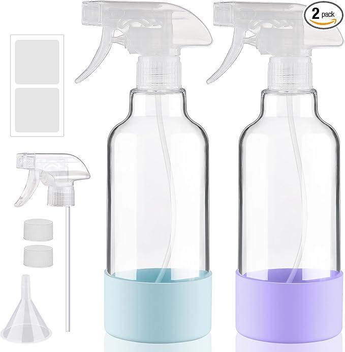 Glass Spray Bottles with Silicone Sleeve, 2 Pack 16.9oz Refillable Containers with Adjustable Spray Nozzles, Empty Spray Bottle for Cleaning Solutions, Hair, Plants (Light Blue+Purple)