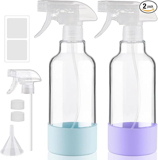 Glass Spray Bottles with Silicone Sleeve, 2 Pack 16.9oz Refillable Containers with Adjustable Spray Nozzles, Empty Spray Bottle for Cleaning Solutions, Hair, Plants (Light Blue+Purple)