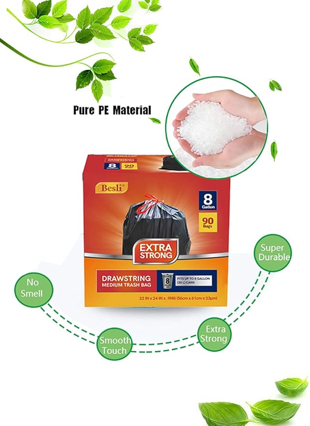 Besli 8 Gallon Black Drawstring Trash Bag Garbage Bag Trash Can Liner,0.9 Mil,90 Counts