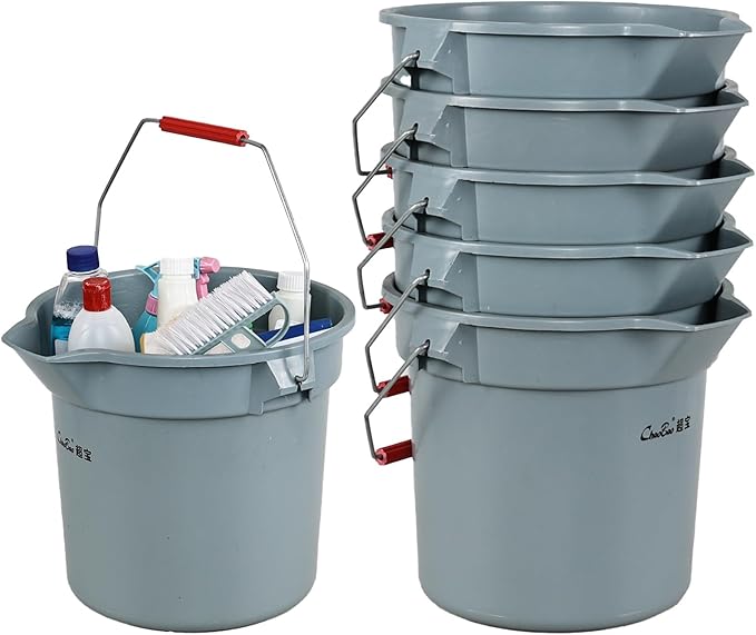 3.5 Gallon Industrial Bucket, Built-in Spout w/Handle, Heavy-Duty Plastic Cleaning Bucket, 6 Pack (Gray)