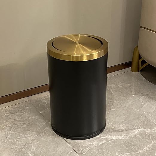 9L / 2.4 Gallon Black Metal Trash can with Lid, Fingerprint-Proof Garbage Can with Removable Inner, Metallic Gold Wastebasket for Bathroom,Bedroom,Dorm,Office,Hotel (Black Double Layers)
