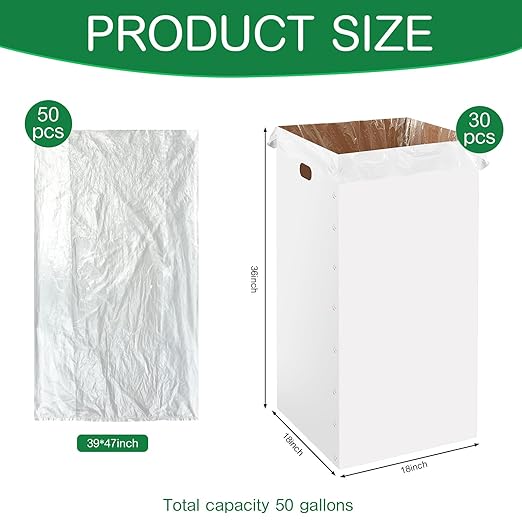 Nosiny 30 Pcs 50 Gallon Disposable and Reusable Corrugated Cardboard Trash Cans for Events, Recycling Bins Bulk with Trash Bags,Cardboard Garbage Boxes for Parties,18" x 18" x 36" (White)