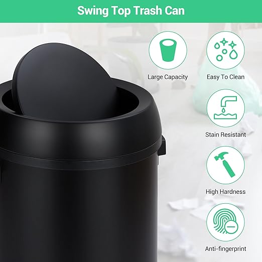 Garvee 17 Gallon/65 Liter Trash Can, Fingerprint-Proof Stainless Steel Swing Top Garbage Can, Heavy Duty Commercial Round Trash Bin with Swing Lid for Restaurant, Home, Office, Black