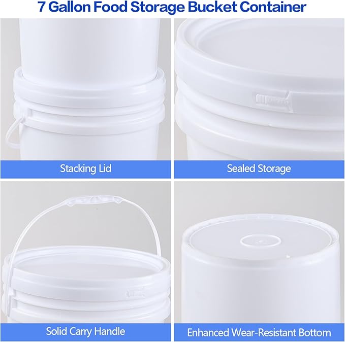 4-Pack 7 Gallon White Plastic Bucket Pail Container with Lid, Food Storage Bucket Pail with Handles