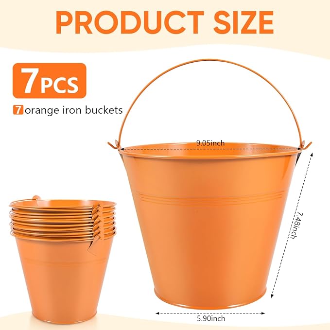 OBTANIM 7 Pack Orange Metal Buckets with Handle Galvanized Ice Pails for Plants, Succulents, Party Favors Organizing, Rustic Home Decor or Classrooms Pencil Storage (9.1 x 6.7 inch)