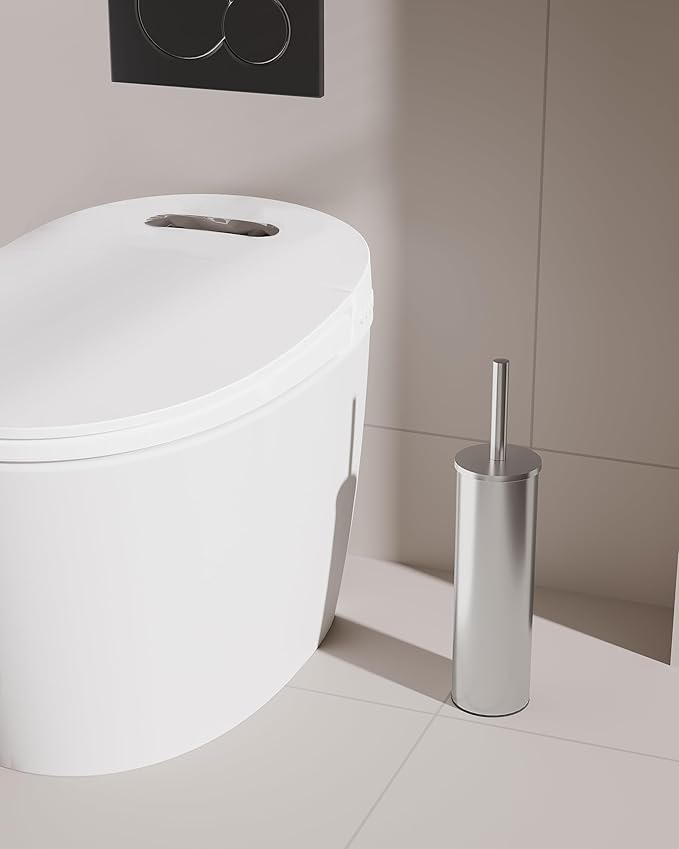 Toilet Brush and Holder Set, Stainless Steel Toilet Bowl Brush with Lid, Rust Proof Toilet Cleaner Brush with Caddy, Durable Bristles, Splash Proof, Ideal for Bathroom (1 Pack, Brushed Nickel)