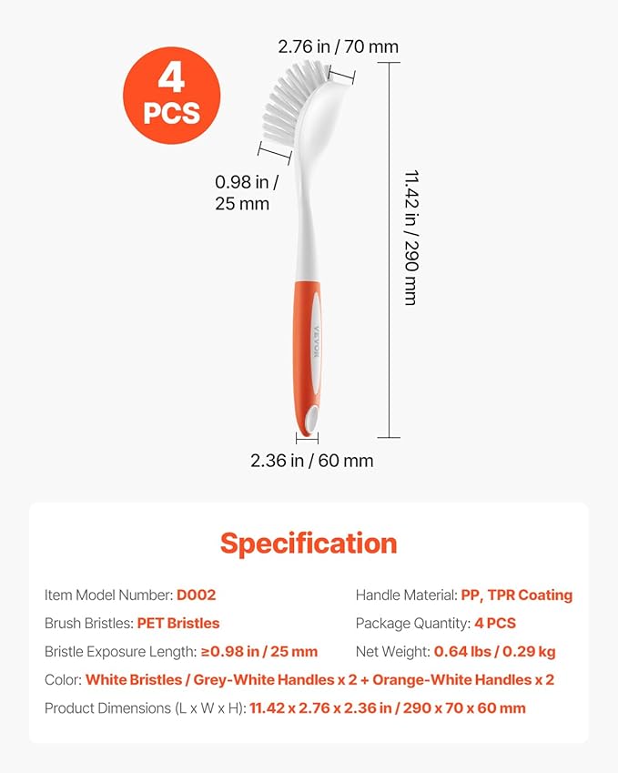 VEVOR Dish Brush, 4 Pack Kitchen Scrub Brushes with PP Handle, Dish Cleaning Brushes with Curved Bristles, Ideal for Pots, Pans, Sink and Stove, 2 Gray + 2 Orange