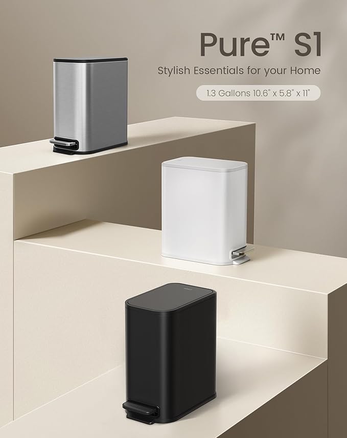 Cesun Small Bathroom Trash Can with Lid Soft Close, Step Pedal, 5 Liter / 1.3 Gallon Stainless Steel Garbage Can with Removable Inner Bucket, Waste Basket for Bathroom, Bedroom (Matte Black)