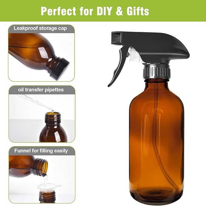 16oz Amber Glass Spray Bottles,2-Pack Refillable Empty Spray Bottl for Cleaning, Hair Care, Plants - Adjustable Nozzl