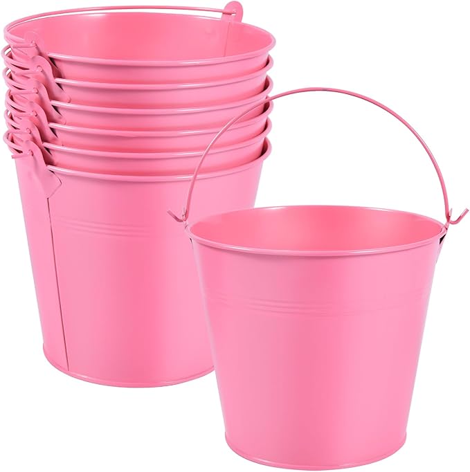 OBTANIM 7 Pack Pink Metal Buckets with Handle Galvanized Ice Pails for Plants, Succulents, Party Favors Organizing, Rustic Home Decor or Classrooms Pencil Storage (6 x 4.4 inch)