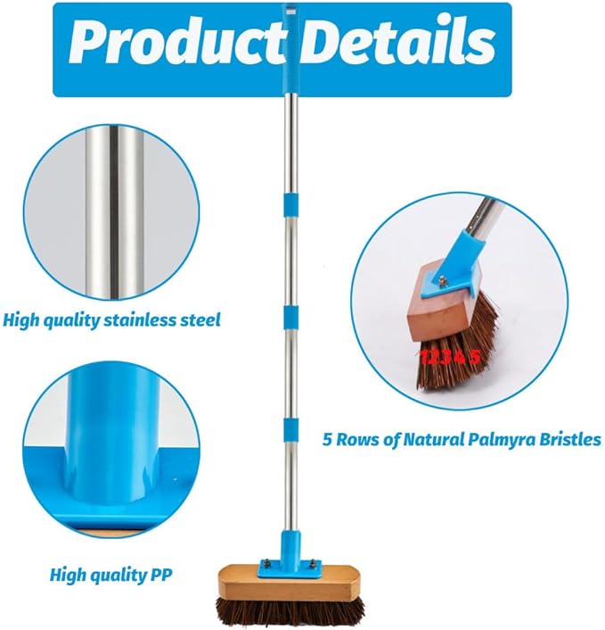 YONILL Heavy Duty Deck Brush with Long Handle - 60" Floor Scrub Brush with Stiff Natural Palmyra Bristles, Outdoor Scrubber Brushes for Cleaning Rough Surface, Concrete Floor, Patio, Garden, Sidewalk