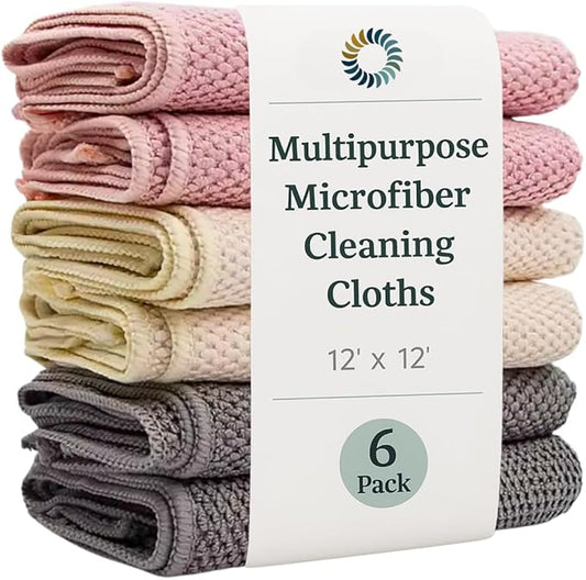Microfiber Cleaning Cloths - 12" x 12" - Kitchen Dish Cloths for Washing Dishes - Microfiber Cleaning Rags - for Housekeeping, Dusting, Glass, Electronics, Car Interior - 6 Pack - Gray, Beige, Pink