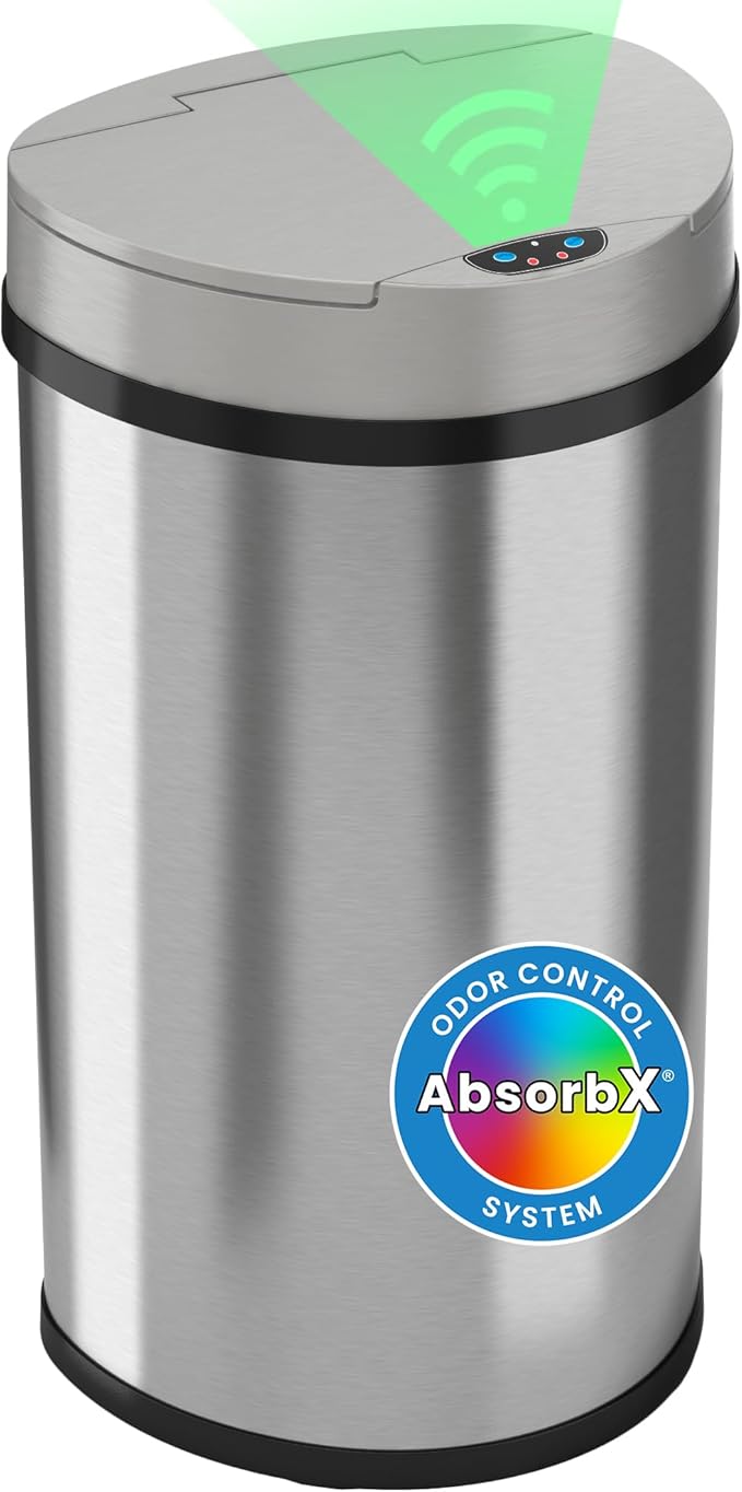 iTouchless 50 Liter / 13 Gallon Kitchen Trash Can with Lid & Odor Filter – Motion Sensor Semi-Round Stainless Steel Garbage Bin for Home, Office, or Garage – Slim, Wide Opening Large Capacity Design