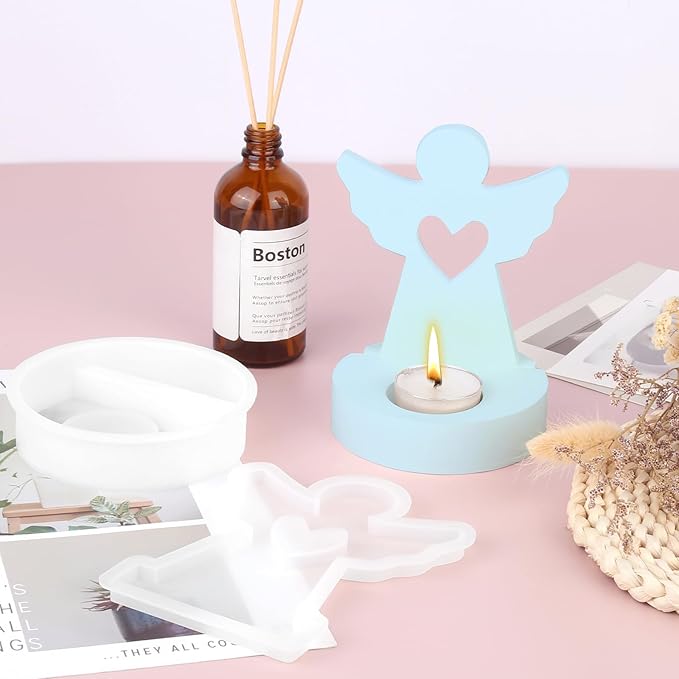 Silicone Mold, Classic Angels Holding Stars in Their Hands, Silicone Casting Molds with Base, Silicone Casting Mold Candle Holder for Soy Wax, Cement Gypsum Decorative Ornaments