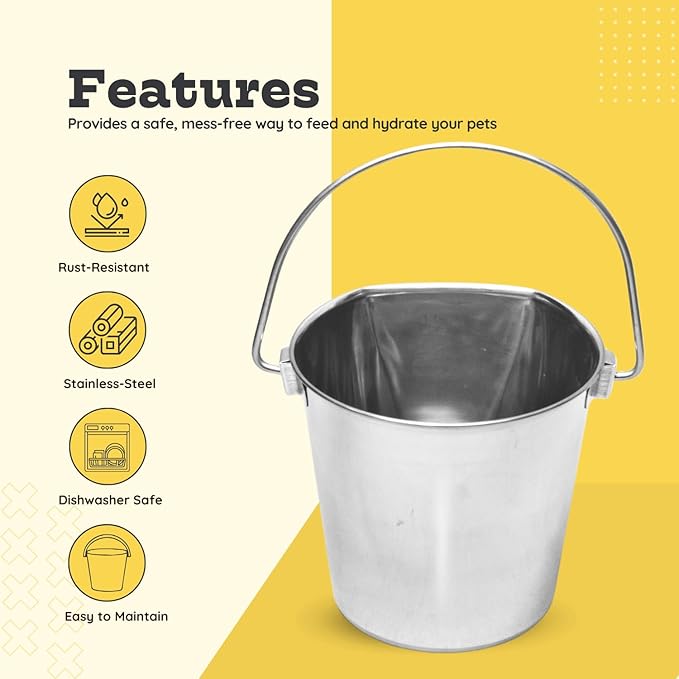 4 Quart Stainless Steel Flat Side Bucket | Durable Heavy Duty Food & Water Feeding Pails for Birds Dogs Cat Goat | Fits kennels Cages Critter Crates Hanging Pet Pail | Multipurpose Bucket