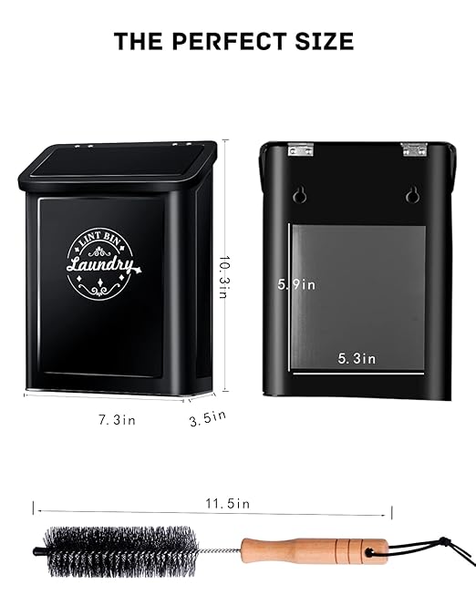 Magnetic Lint Bin for Laundry Room Organization and Storage with Brush, Wall-Mounted Laundry Dryer Lint Bin for Laundry Room Decor, Space-Saving Laundry Trash Can (Black)