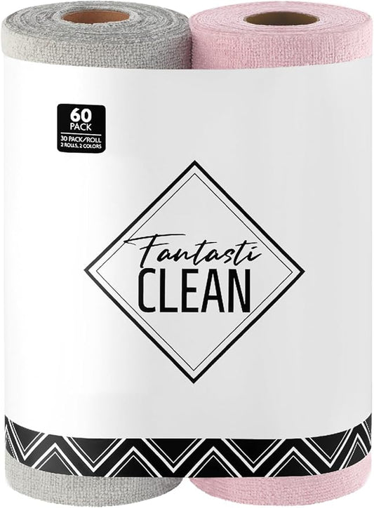Fantasticlean Microfiber Cleaning Cloth Roll -60 Pack, Tear Away Microfiber Towels, 12" x 12", Reusable, Washable, Scratch Free, Ultra Absorbent Dishcloth for Car, Home Supplies (Pink & Grey)
