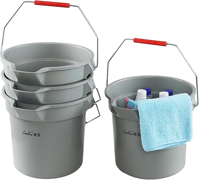 4-Pack 14 Quart Commercial Cleaning Bucket, Plastic Round Utility Pail with Handle, Grey