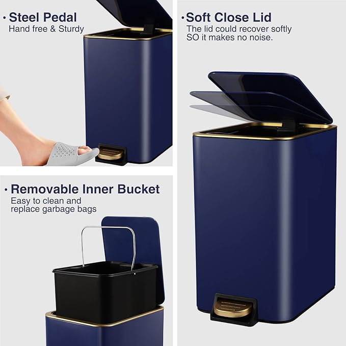 Small Bathroom Trash Can with Lid Soft Close, 1.8 Gallon Stainless Steel Garbage Can with Removable Inner Bucket,Wicker Storage Baskets,75Count Trash Bags, Slim Step Pedal Trash Bins