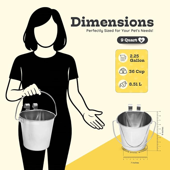 9 Quart Stainless Steel Flat Sided Bucket with Dual Hooks | Food & Water Bowl for XL Dog Goat Sheep Cattle Horse & Livestock | Fits kennel Crate Cages Farm Hanging Pet Pail | Multipurpose