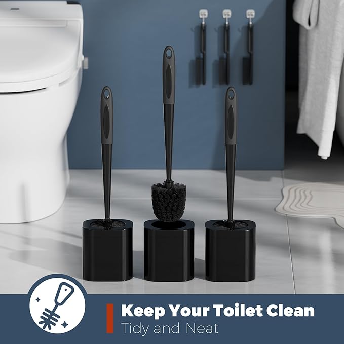 Toilet Brush, 3 Pack Toilet Brush and Holder Set Bathroom Accessories, Toilet Bowl Brush and Holder with 3 Crevice Brush for Bathroom, Toilet Scrubber Brush (Black)