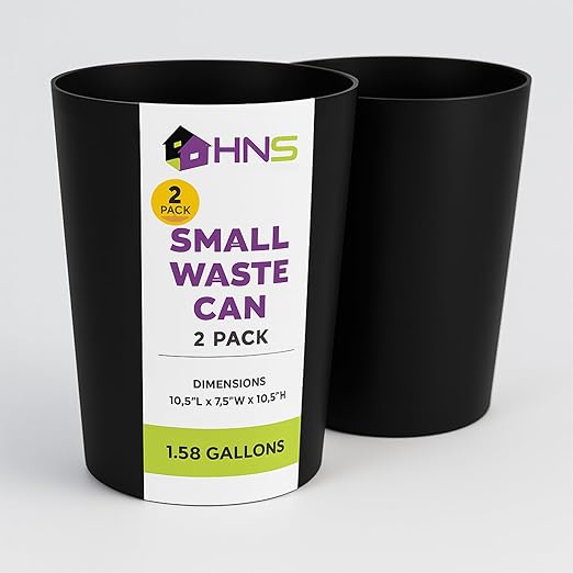 Mini Waste Basket - Pack of 2 Durable Small Plastic Garbage Trash Can Bin - Lidless Open-Top Rectangular Slim Profile for Compact Spaces - Suitable for Home, Bathroom, Office, Bedroom & More, Black