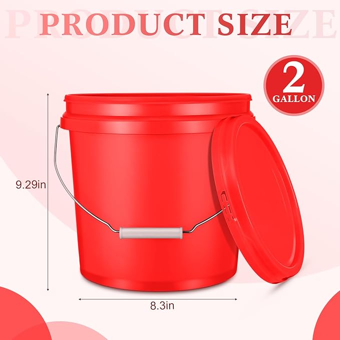 6 Pack 2 Gallon Plastic Bucket with Lid Heavy Duty Pail with Metal Handle Reusable Small Multipurpose Paint Buckets Container for Food Storage(Red)