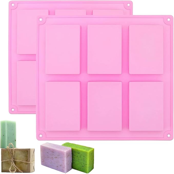 Soap Molds Silicone-2PCS 6 Cavities Rectangle Soap Mold,DIY Handmade Soap Mold for Soap Bath Bombs Shower Steamer Lotion Bars (Pink-rectangular)