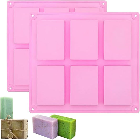 Soap Molds Silicone-2PCS 6 Cavities Rectangle Soap Mold,DIY Handmade Soap Mold for Soap Bath Bombs Shower Steamer Lotion Bars (Pink-rectangular)