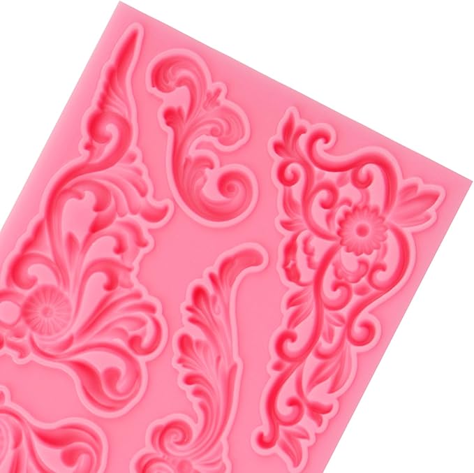 Vintage Curlicues Silicone Molds, Baroque Style Corner Relief Chocolate Molds, Filigree Scroll Flower Sculpted Cake Border Fondant Baking Molds for Cake Decoration Candy Clay Resin