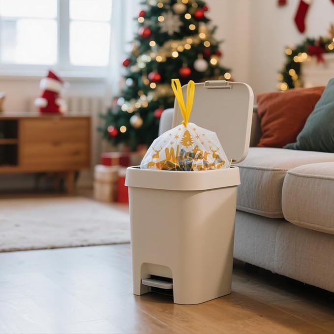 3 Gallon Christmas Drawstring Trash Bags – 50 Count Small Christmas Printed Garbage Bags, Festive Printed Waste Bin Liners, Holiday Christmas Supplies for Bathroom, Party Cleanup, Gold