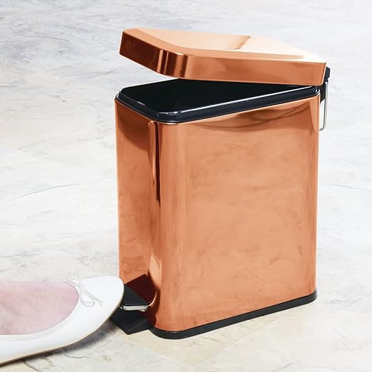mDesign Small Modern 1.3 Gallon Rectangle Metal Lidded Step Trash Can, Compact Garbage Bin with Removable Liner Bucket and Handle for Bathroom, Kitchen, Craft Room, Office, Garage - Copper