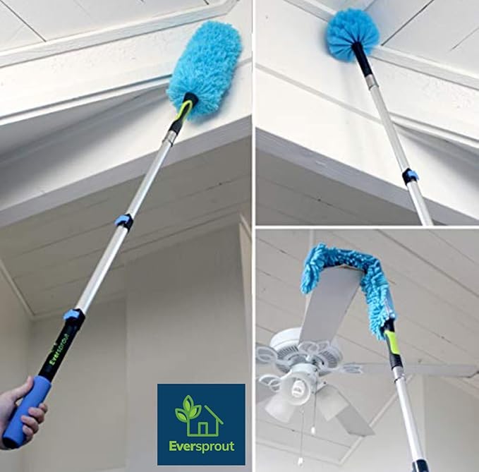 EVERSPROUT 1.5-to-3 Ft Duster 3-Pack with Extension-Pole (8-10 Ft Standing Reach) | Hand-Packaged Cobweb Duster, Microfiber Feather Duster, Flexible Microfiber for Ceiling & Fan | Telescopic Pole