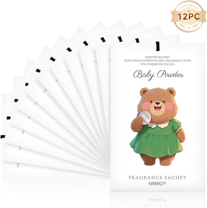 12 Packs Baby Powder Scent Sachets Room Air Freshener for Closet Drawer Clothes Storage Small Space Odor Eliminator