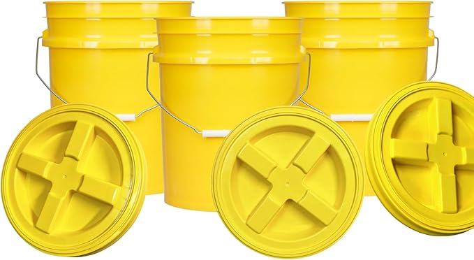 House Naturals 5 Gallon Plastic Yellow Food Grade BPA Free Made in USA Bucket Pail with Air Tight Double Gasket Screw on Lid(Pack of 3) (Yellow and Yellow lids)