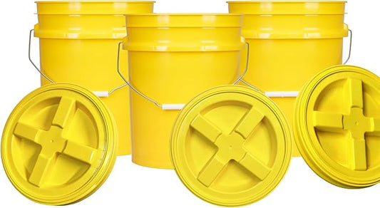 House Naturals 5 Gallon Plastic Yellow Food Grade BPA Free Made in USA Bucket Pail with Air Tight Double Gasket Screw on Lid(Pack of 3) (Yellow and Yellow lids)