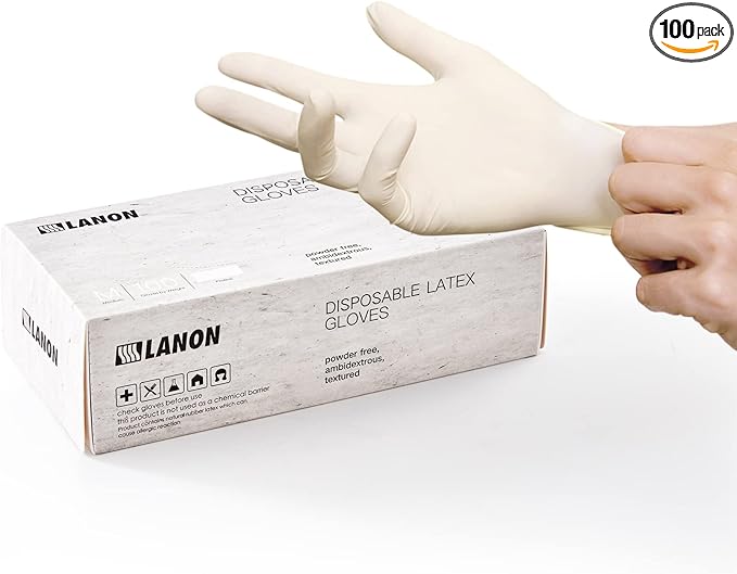 LANON 5 mil Latex Disposable Gloves, Food-Contact Grade, Powder-Free, Fully Textured, White, Large
