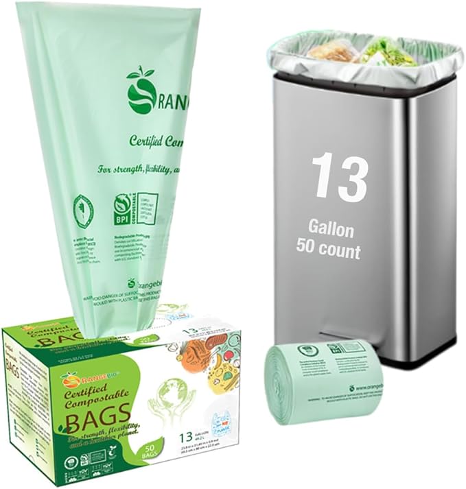 100% Home Compostable Trash Bags 13 Gallon Tall Kitchen, 50 Count, 0.9 Mil, Kitchen Compost Bags, Large Compostable Bags US BPI ASTM D6400 and OK Compost Home Certified