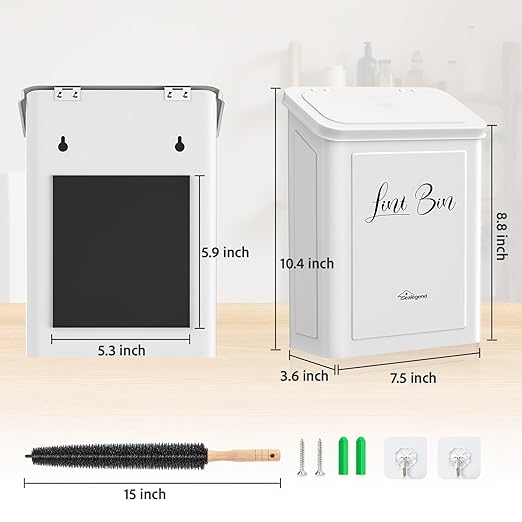 Sealegend Magnetic Lint Bin for Laundry Room with Dryer Lint Brush, Wall Mounted Metal Trash Can with Lid for Dryer, Space-Saving Laundry Organization and Storage, White