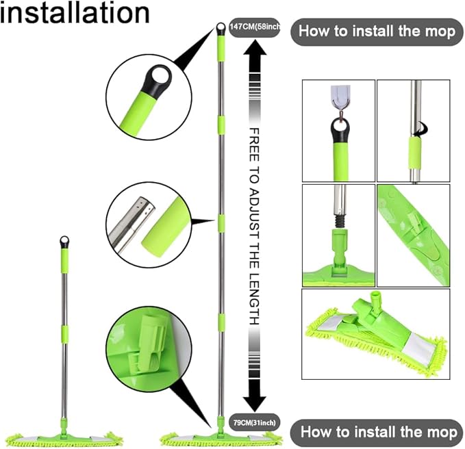 Dust Mop for Floor Cleaning with 2 Washable Chenille Pads and Extendable 58” Long Handle, Dry Wet Flat Mop with Scouring Pad for Hardwood, Laminate, Tile, Marble ，Green