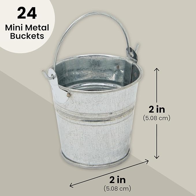 Juvale Mini Metal Buckets - 2 x 2 in, Silver, Pack of 24 - Mini Tin Buckets & Metal Tins with Handles for Party Favors, Crafts & Galvanized Decor