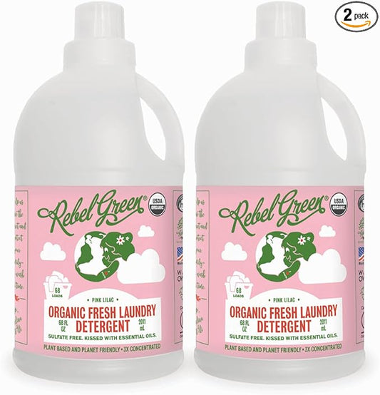 Rebel Green Organic Laundry Detergent - Natural Laundry Soap - Liquid Laundry Detergent with Dispenser Cup - Gentle Laundry Detergent - Fresh Pink Lilac - (68 Load Bottles, 2 Pack)